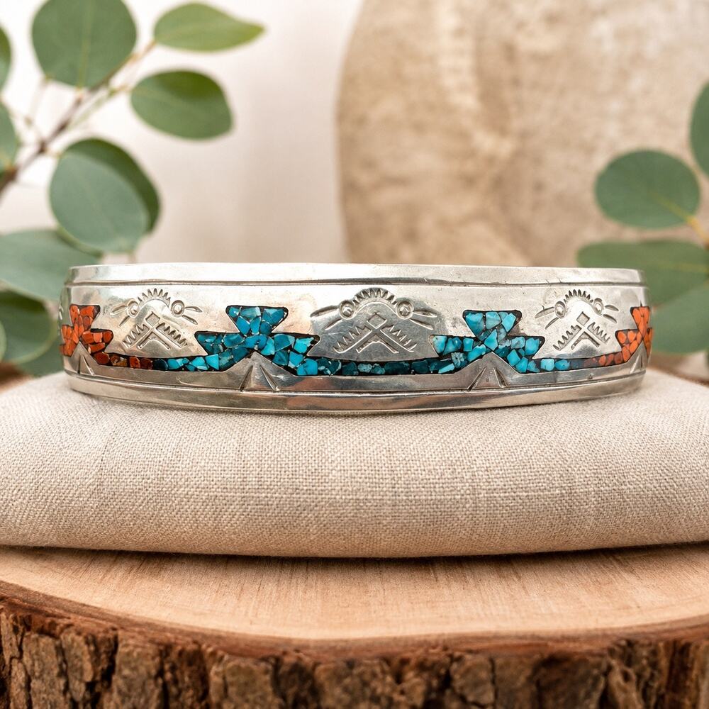 Vintage Southwestern Nickel Silver Turquoise & Coral Inlay Cuff Bracelet
